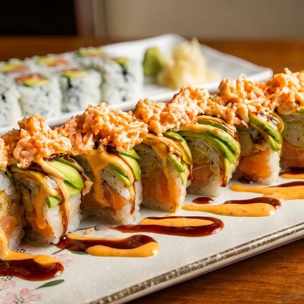 Two plates of sushi rolls, one topped with avocado and crispy fried onions, drizzled with sauces.