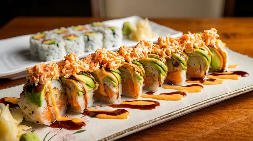 Two plates of sushi rolls, one topped with avocado and crispy fried onions, drizzled with sauces.