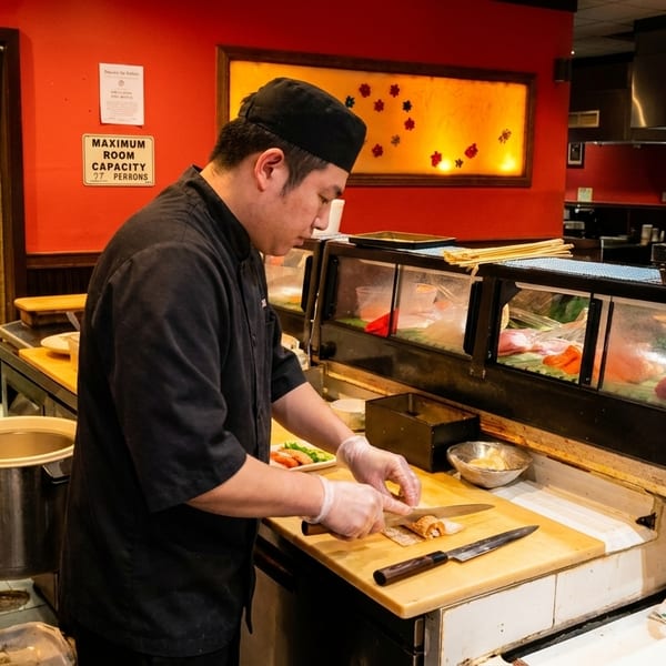 Sushi chef in black uniform and gloves slicing a sushi roll on a wooden board.