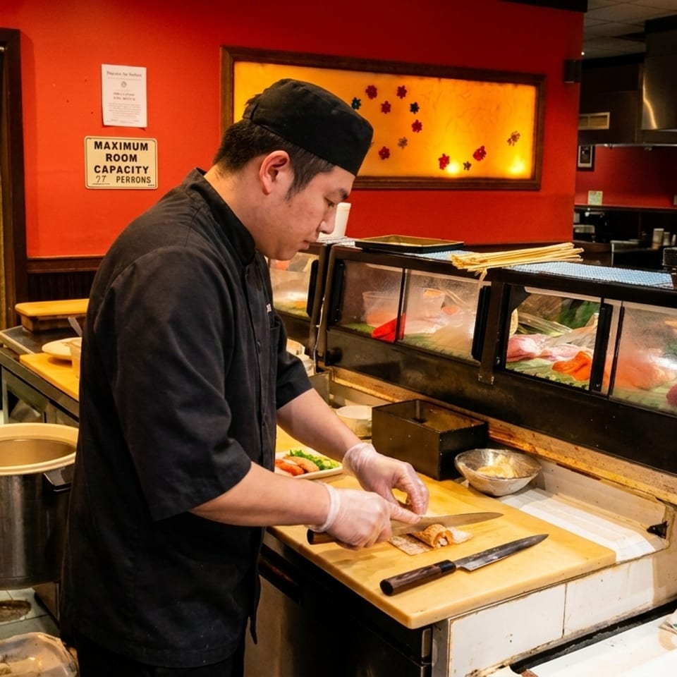Sushi chef in black uniform and gloves slicing a sushi roll on a wooden board.