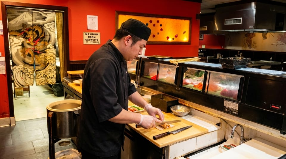 Sushi chef in black uniform and gloves slicing a sushi roll on a wooden board.