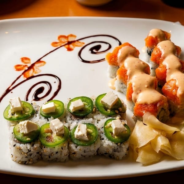 A white rectangular plate holds two types of sushi rolls, ginger, wasabi, and chopsticks.