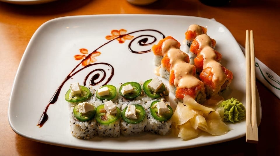 A white rectangular plate holds two types of sushi rolls, ginger, wasabi, and chopsticks.