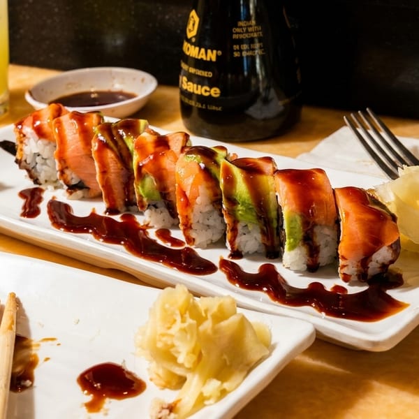 Sushi rolls with salmon and avocado, drizzled with sauce, alongside ginger, wasabi, and drinks.