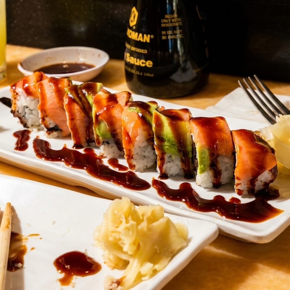 Sushi rolls with salmon and avocado, drizzled with sauce, alongside ginger, wasabi, and drinks.