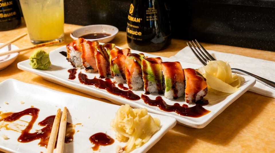 Sushi rolls with salmon and avocado, drizzled with sauce, alongside ginger, wasabi, and drinks.
