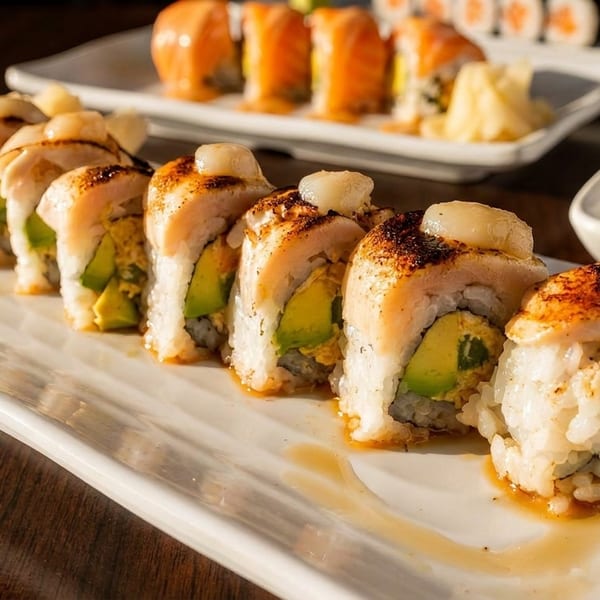 A plate of sushi rolls with seared scallops and avocado, with another plate of sushi in the background.