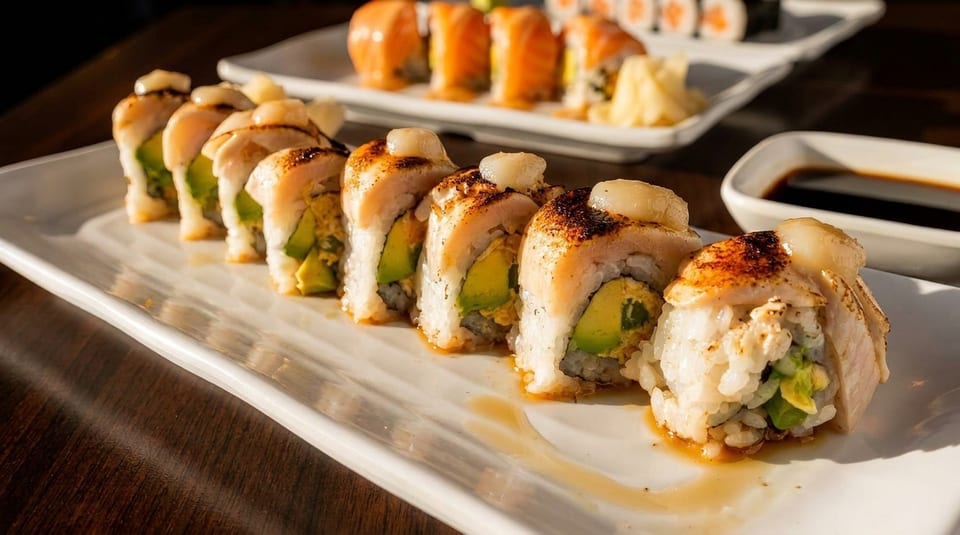 A plate of sushi rolls with seared scallops and avocado, with another plate of sushi in the background.
